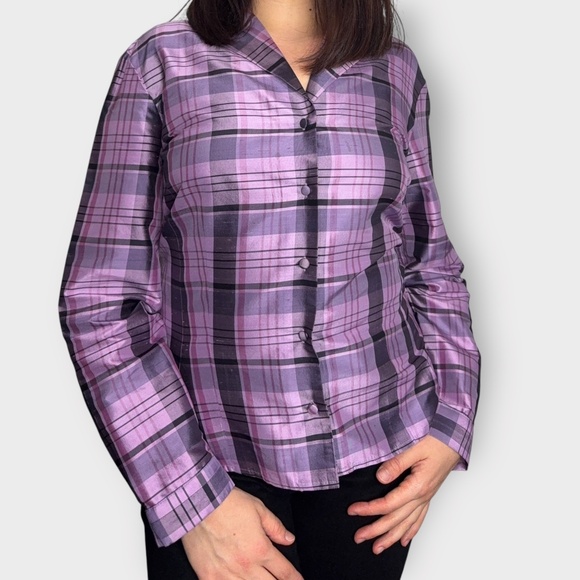 Vintage 1990s Ann Taylor Plaid Silk Button Down Purple & Pink Blouse - Picture 3 of 10